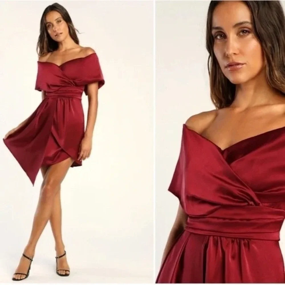 Lulus Always Celebrating Burgundy Satin Off-The-Shoulder Mini Dress Size M